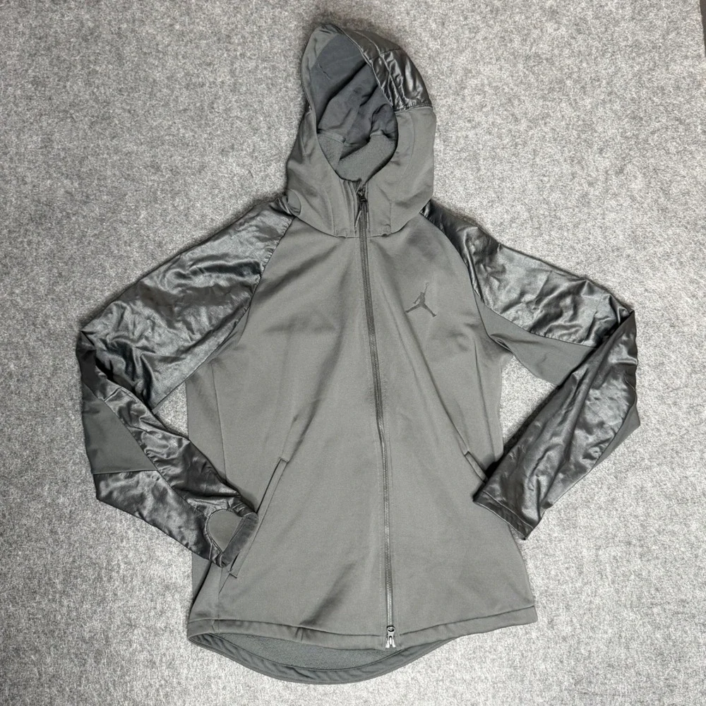 Jordan Mens Full Zip Fleece Hoodie‎ Charcoal Gray Black Mixed Media Jacket Large